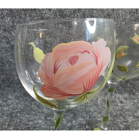Hand-Painted Floral Wine Glass Set Of 3 Pink Roses 7.5" Tall Rose Balloon - Picture 4 of 6